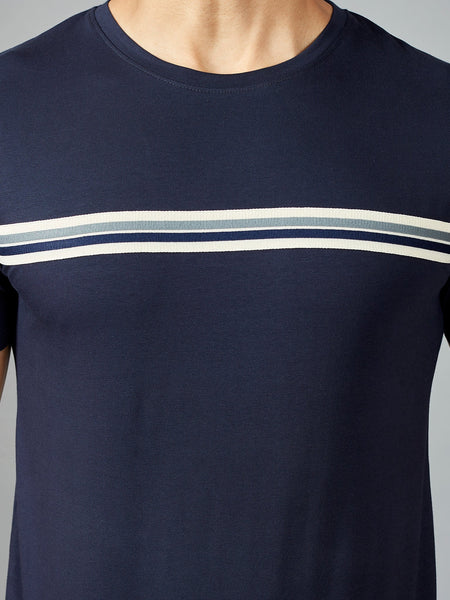 Navy color Flat Knit Tape t shirt for men fabric close up.