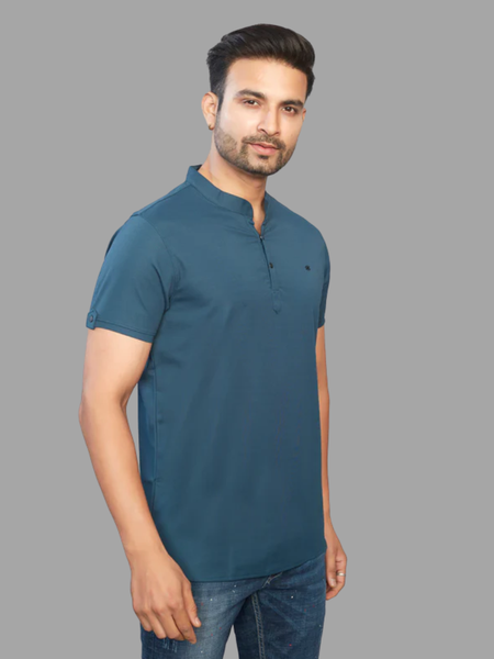 Men's Teal Blue Henley Full Sleeve T-Shirt – 100% Pure Cotton | Kuch Kuch Fashion