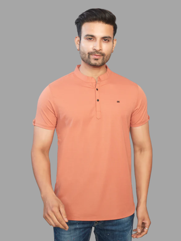 Men's Orange Henley Full Sleeve T-Shirt – 100% Pure Cotton | Kuch Kuch Fashion