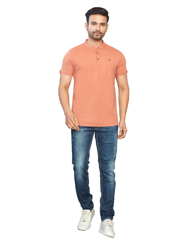 Men's Orange Henley Full Sleeve T-Shirt – 100% Pure Cotton | Kuch Kuch Fashion