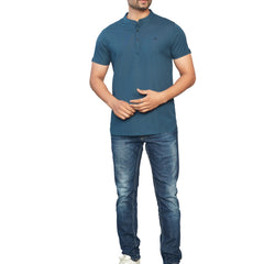 Men's Teal Blue Henley Full Sleeve T-Shirt – 100% Pure Cotton | Kuch Kuch Fashion