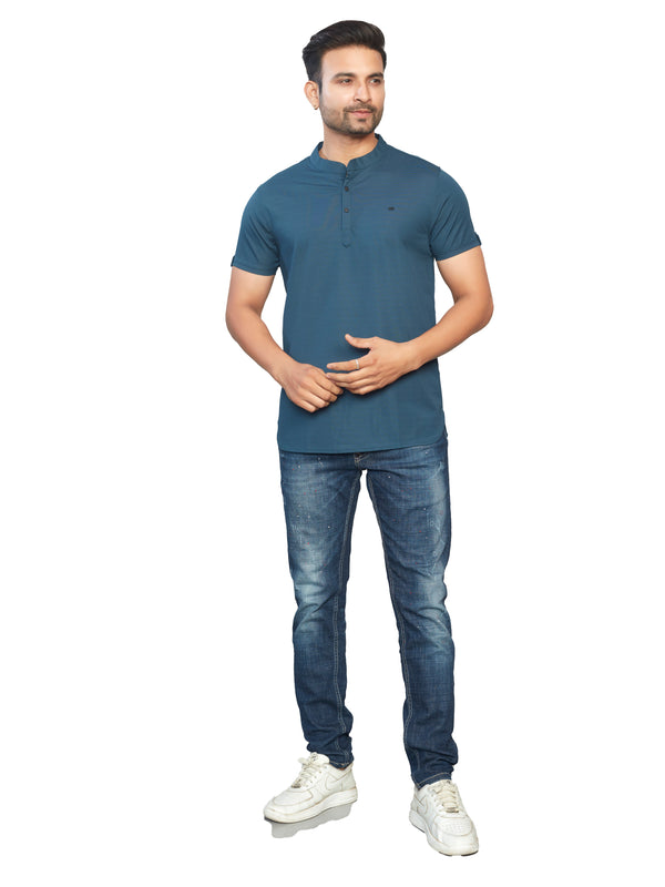 Men's Teal Blue Henley Full Sleeve T-Shirt – 100% Pure Cotton | Kuch Kuch Fashion